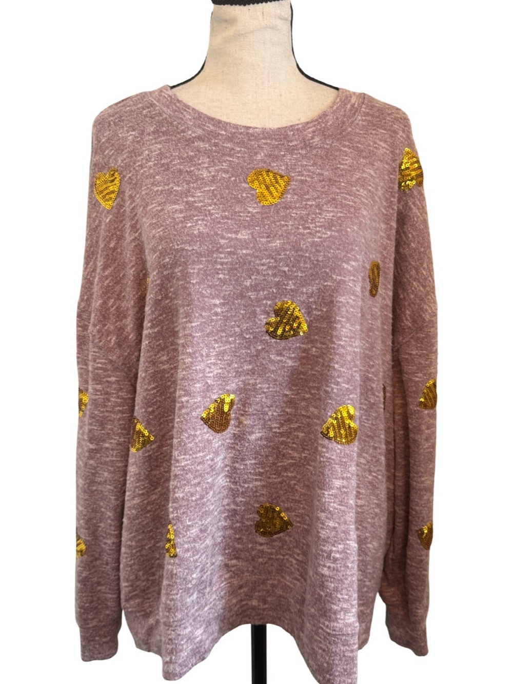 TruSelf 2X Mauve Gold Sequin Heart Oversized Sweater Tunic Plus Size 27x26